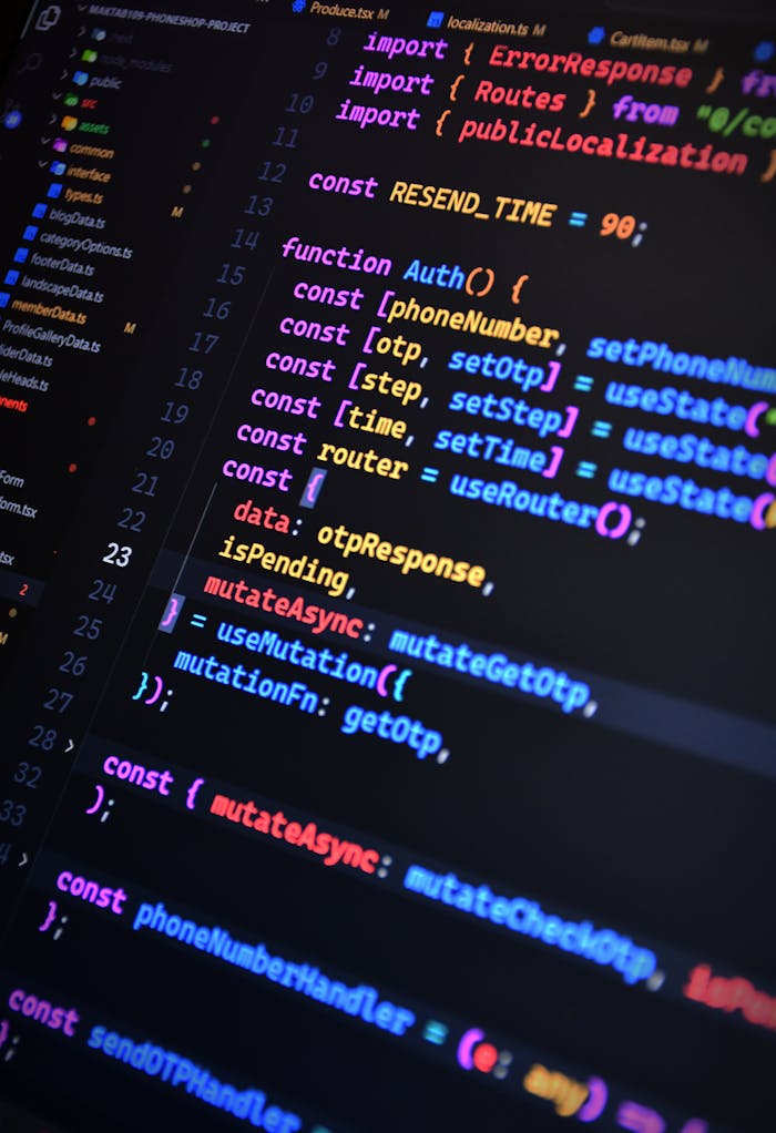 services-01 Vibrant JavaScript code on a screen showcasing front-end development with syntax highlighting.